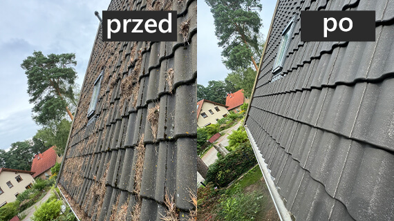 czyszczenie rynien i dachu efekty przed i po
